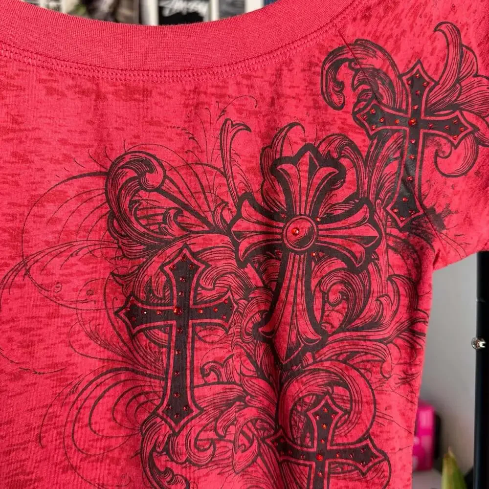 Vintage Fatal Rose Rhinestone Cross Red T-Shirt